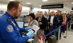 Funkcjonariusz TSA sprawdza paszporty w kolejce do odprawy. Pasażerowie z bagażami czekają na kontrolę, zastanawiając się, co trzeba oclić na lotnisku.