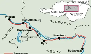 Mapa tras rowerowych i kolejowych wzdłuż Dunaju, od Wiednia przez Bratysławę i Győr do Budapesztu.