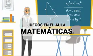 Un profesor sonriente explica fórmulas matemáticas en una pizarra, con estanterías y un retrato. ¡Son juegos de mates!