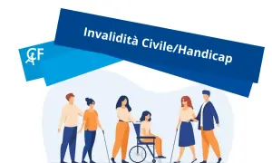 Persone con disabilità, tra cui una in sedia a rotelle e persone con bastoni, supportate da chi le accompagna. Invalidità civile/handicap.