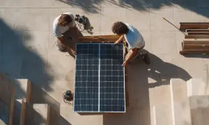 Dos hombres instalan paneles solares. ¿Cuántas placas solares necesito para 3000w?