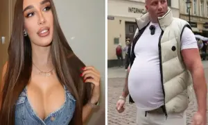 Sandra z "bad girl" w nowym filmie. Obok niej mężczyzna z dużym brzuchem.