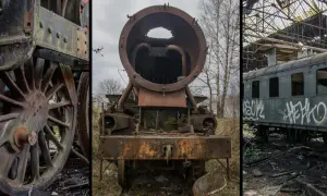 Trzy ujęcia starych, zardzewiałych pociągów. Widoczne koła, kocioł parowy i wagon z graffiti.