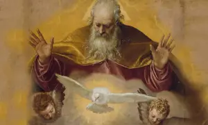 Ojciec Niebieski z wyciągniętymi dłońmi, gołębica Ducha Świętego i dwaj aniołowie. To obraz tego, co to jest łaska boża.