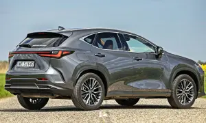 Szary Lexus NX 450h+ na drodze, obok pola rzepaku. Sprawdź aktualną lexus nx cena.