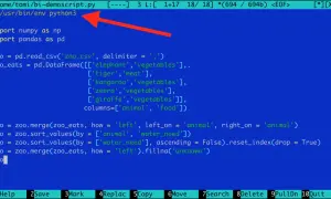 Le script Python commence par le shebang `#!/usr/bin/env python3`, suivi de l'importation de pandas pour manipuler des données de zoo.