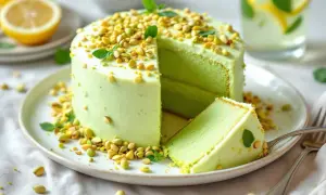 Un délicieux number cake pistache, recouvert de crème verte et de pistaches concassées, avec une part coupée.
