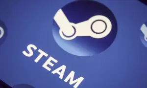 Logo Steam i napis "STEAM" na niebieskim tle.