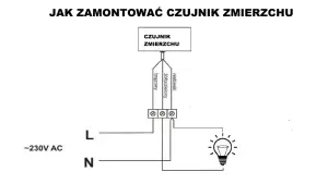 Schemat pokazuje, jak podłączyć czujnik zmierzchu. Brązowy przewód do fazy L, niebieski do neutralnego N, a żółto-zielony do czujnika.