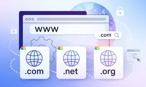 Navegador web mostrando "WWW" y extensiones de dominio como .com, .net, .org. Esto ilustra qué es un dominio web y cómo se usa.