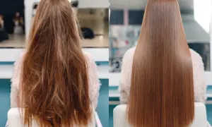 Przed i po zabiegu botox na włosy. Zniszczone, puszące się włosy zamienione w gładkie i lśniące.