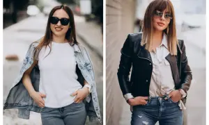 Dwie kobiety w jeansach i kurtkach. Jedna w dżinsowej, druga w skórzanej. Idealna stylizacja na koncert rockowy.