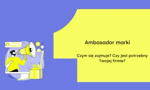 Grafika przedstawia ambasadora marki, który z megafonem wychodzi z ekranu komputera, zachęcając do oceny i promocji.
