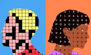Twee profielen, één met een kruiswoordpuzzel in het gezicht, de ander met een woordzoekpuzzel. Hoe noem je iemand die altijd kritiek heeft?