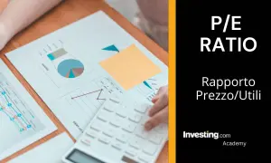 Analisi del rapporto Prezzo/Utili (P/E ratio) con grafici finanziari e calcolatrice.
