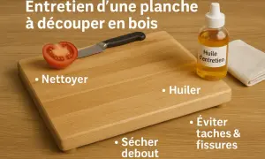 Planche à découper en bois avec une tomate et un couteau. Le texte indique comment nettoyer, huiler et sécher la planche pour éviter taches et fissures.