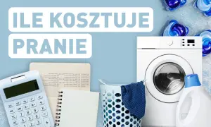 Ile wody zużywa pralka? Obok pralki leży kalkulator, notatnik i płyn do prania.