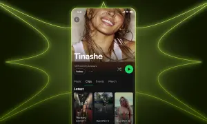 Tinashe's Spotify artist account shows her profile with 7.6M monthly listeners, featuring music, clips, events, and merch.