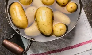 Kleine, gelbe Kartoffeln in einem Topf mit Wasser, bereit zum Kochen. So einfach ist es, Kartoffeln zuzubereiten!