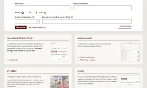 Interface de recherche généalogique avec champs pour prénom, nom, année et lieu de naissance. Une section "À venir" annonce une nouvelle fonctionnalité pour ad 79.