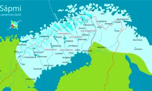 Karta över Sápmi, samernas land, med platser som Kiruna, Tromsö och Murmansk. Området visar spår av norrlands historia och samiska språk.