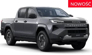 Nowy, szary Toyota Hilux pickup z nowoczesnym grillem i światłami LED. Czerwony napis "NOWOŚĆ" informuje o premierze.