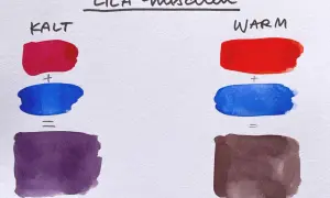 Lila mischen: Kaltes Rot und Blau ergeben ein kräftiges Lila. Warmes Rot und Blau ergeben ein Braun.