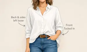 Frau mit weißer Bluse und Jeans. Die Bluse ist vorne gesteckt (french tuck), hinten und an den Seiten locker.