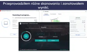 Ekran z trzema oknami programów antywirusowych skanujących komputer.