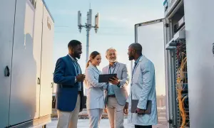 Ingenieros revisan equipo de telecomunicaciones, como si estuvieran a punto de cortar lazos energéticos entre dos personas.