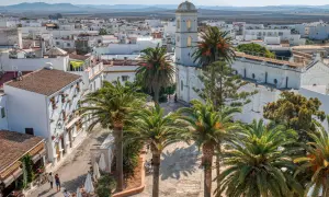 Vista aérea de Conil de la Frontera con palmeras y edificios blancos. Ideal para saber qué hacer en Conil de la Frontera.