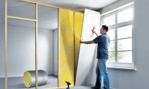 Mann zieht eine Gipskartonplatte an einer Holzlattung ein, um eine neue Wand zu bauen. Dämmmaterial liegt bereit.