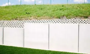 Nowy mur oporowy odległość od granicy działki. Betonowe płyty i ażurowa warstwa pod zielonym nasypem.