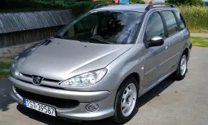 Srebrny Peugeot 206 SW z relingami dachowymi zaparkowany na tle drewnianego płotu i zieleni.
