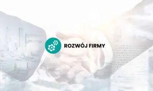 Symbol rozwoju firmy i hasło "ROZWÓJ FIRMY" na tle uścisku dłoni i panoramy miasta. Idealne dla spółki akcyjnej.