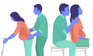 Gravid kvinna får stöd för profylax andning. En man stöttar hennes rygg när hon står, och lägger en hand på hennes axel när hon sitter.