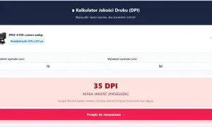 Kalkulator jakości druku (DPI) pokazuje, jak sprawdzić rozdzielczość zdjęcia. Wynik: 35 DPI, niska jakość.