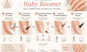 Tuto manucure Baby Boomer pour un résultat naturel. Étapes pour créer un nail art dégradé de couleur subtil, du nude au blanc, avec une finition gel.