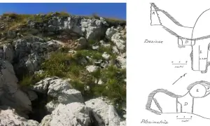 Ingresso roccioso e schemi della grotta della Sibilla. La sezione mostra le profondità e le camere interne.