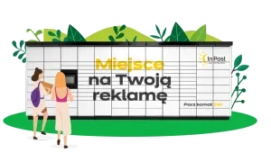 Paczkomat InPost z napisem "Miejsce na Twoją reklamę". Dwie kobiety odbierają paczkę. Idealne miejsce na reklamę firmy w internecie.
