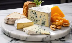 Deska serów z chlebem, orzechami i kawałkami sera, w tym wyrazisty gorgonzola piccante.