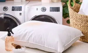 Learn how to get smell out of pillows with this guide. A stained pillow, spray bottle, and baking soda are shown, with laundry machines in the background.