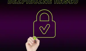 Ręka rysuje zieloną kłódkę z zaznaczeniem, symbolizującą silne hasło. Napis "BEZPIECZNE HASŁO" podkreśla znaczenie ochrony danych.