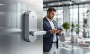 Une poignée de porte moderne avec une serrure connectée. Un homme d'affaires consulte son téléphone, symbolisant l'arrivée autonome.