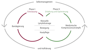 Schema zeigt, wie macht man lymphdrainage: Entstauung, Erhaltung, Bandagierung, Kompressionsstrümpfe, Bewegung, Hautpflege, Selbstmanagement.