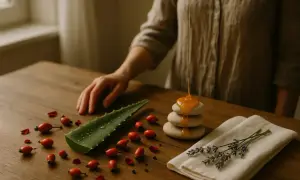 Natürliche Zutaten wie Aloe Vera, Hagebutten und Honig als Hausmittel gegen Keloid-Narben.