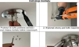 Instrukcja montażu huśtawki: zaznaczanie miejsc, wiercenie otworów, wkładanie kołków i przykręcanie.