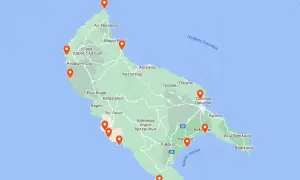 Mapa wyspy Zakynthos z zaznaczonymi punktami. Widoczne nazwy miejscowości: Zakintos, Laganas, Alykes.