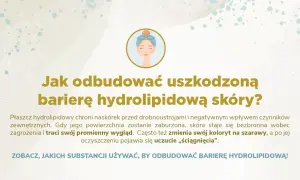 Ilustracja przedstawia kobietę z opaską na włosach. Tekst informuje, jak odbudować uszkodzoną barierę hydrolipidową skóry, która chroni przed czynnikami zewnętrznymi.