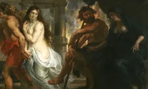Orfeusz z lirą prowadzi Eurydykę przez Hades, gdzie siedzi Hades i Persefona.